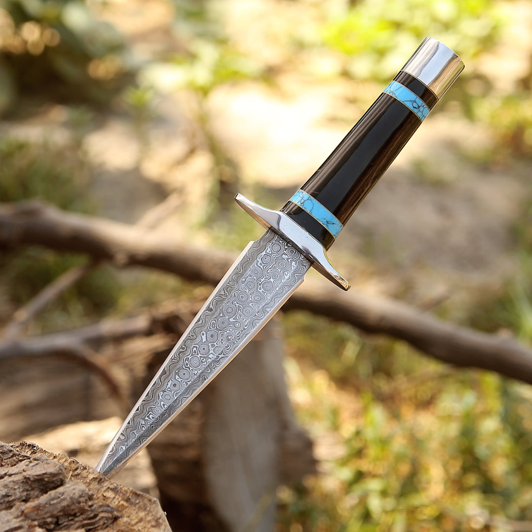 Oasis Damascus Hunting Fixed Blade Knife with Turquoise and Bull Horn Handle - Shokunin USA