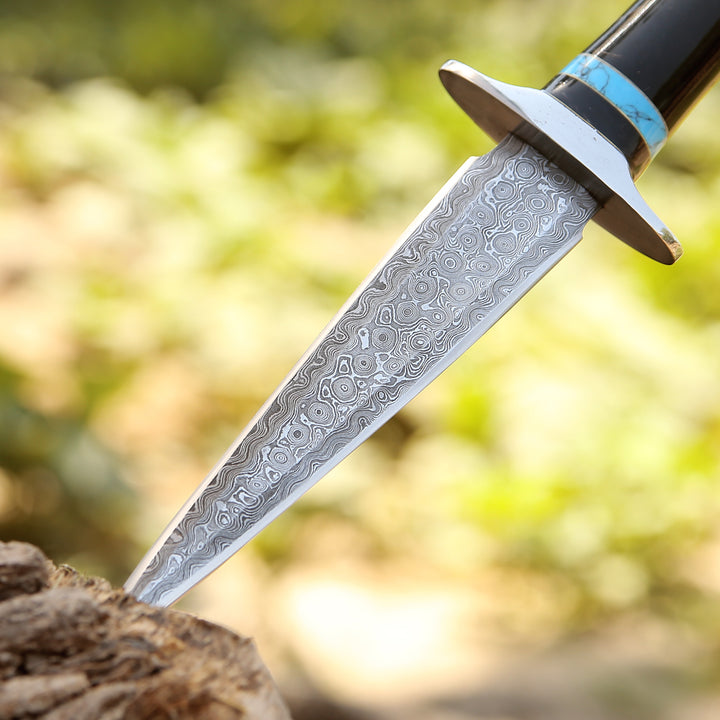 Oasis Damascus Hunting Fixed Blade Knife with Turquoise and Bull Horn Handle - Shokunin USA