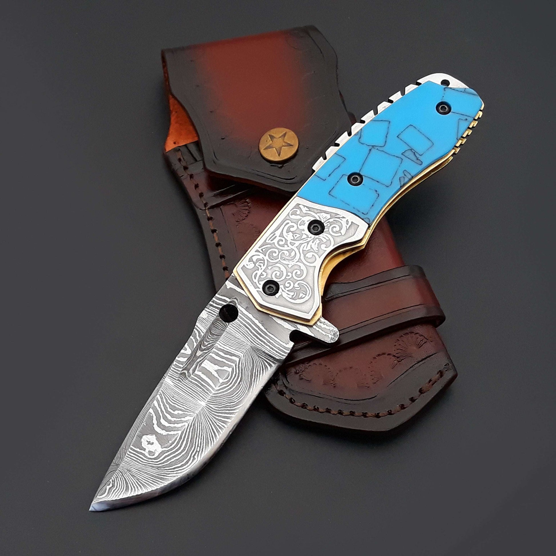 Damascus Folding Knife - Reckoner Damascus Folding Knife with Turquoise Resin Handle - Shokunin USA