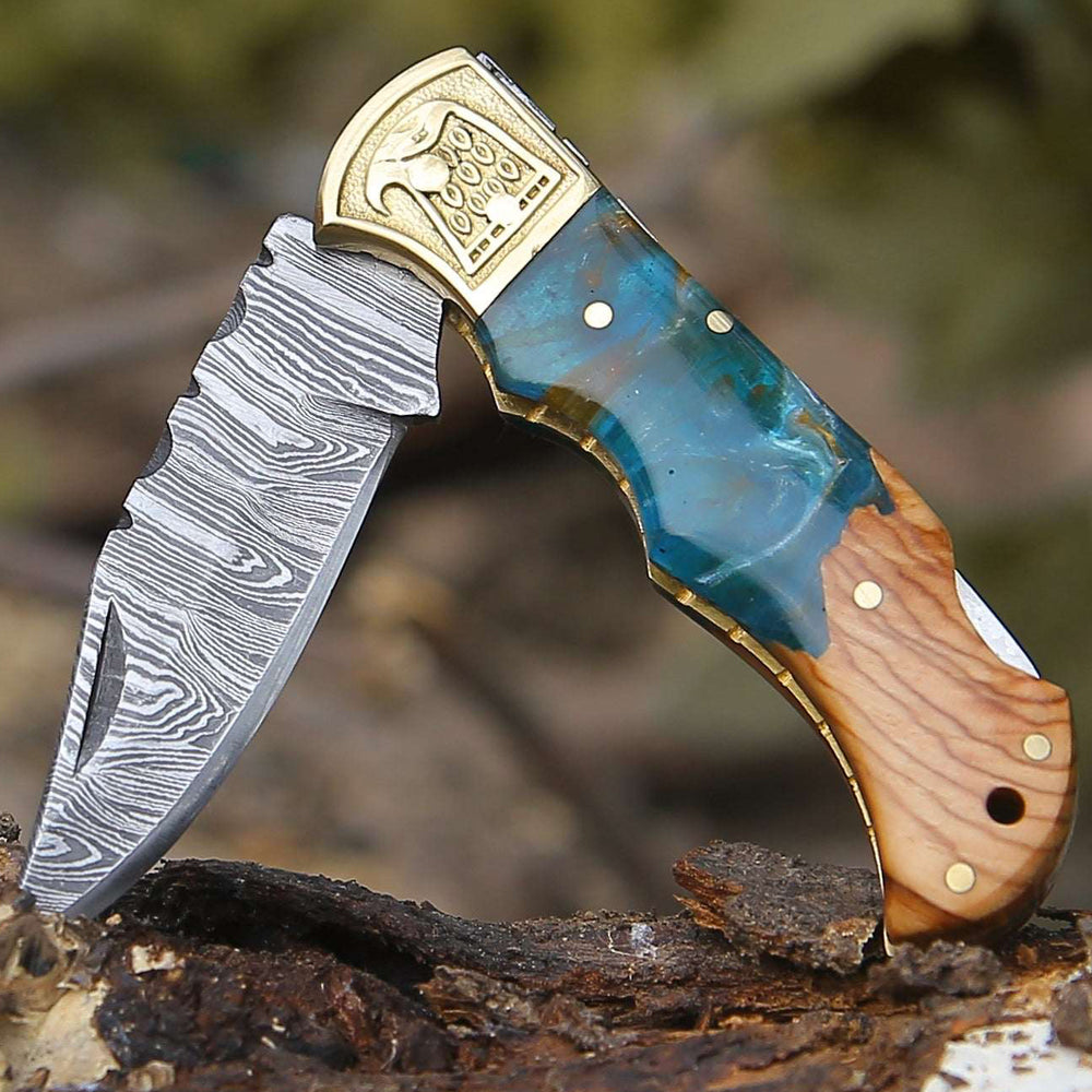 Pocket Knife - Perseus Damascus Pocket Knife with Exotic Olive Wood & Resin Handle - Shokunin USA