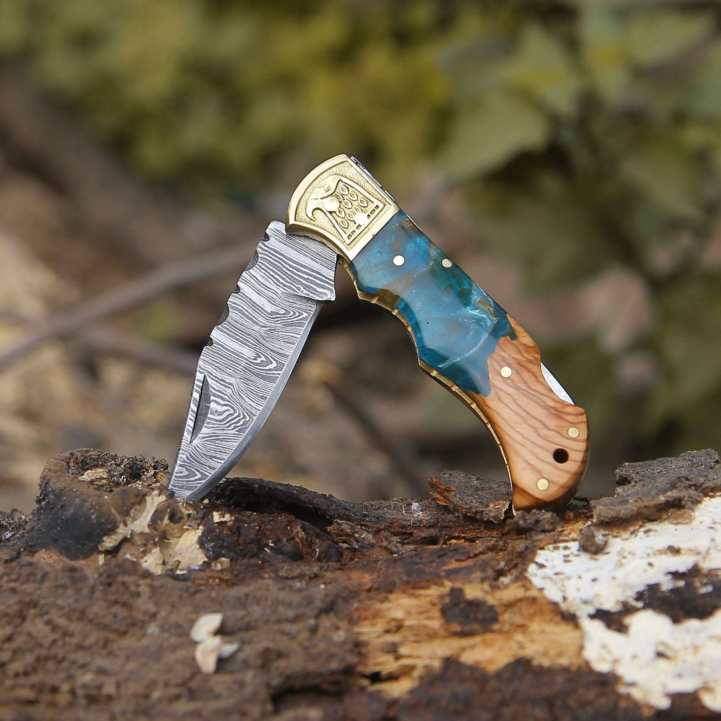 Pocket Knife - Perseus Damascus Pocket Knife with Exotic Olive Wood & Resin Handle - Shokunin USA