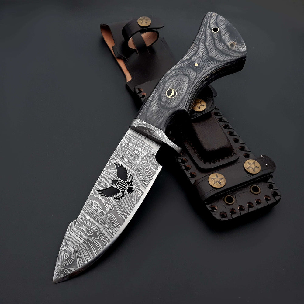 Damascus Knife - Black Reaper 1095 Damascus Hunting Knife with Stained Hardwood Handle & Leather Sheath - Shokunin USA