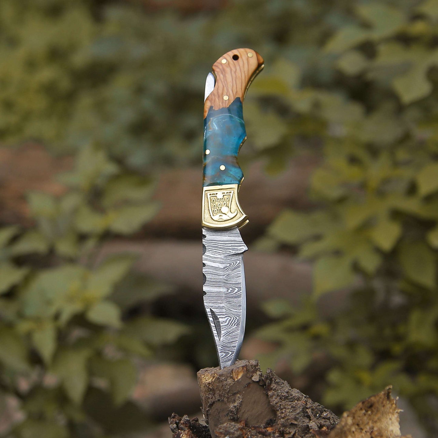 Pocket Knife - Perseus Damascus Pocket Knife with Exotic Olive Wood & Resin Handle - Shokunin USA