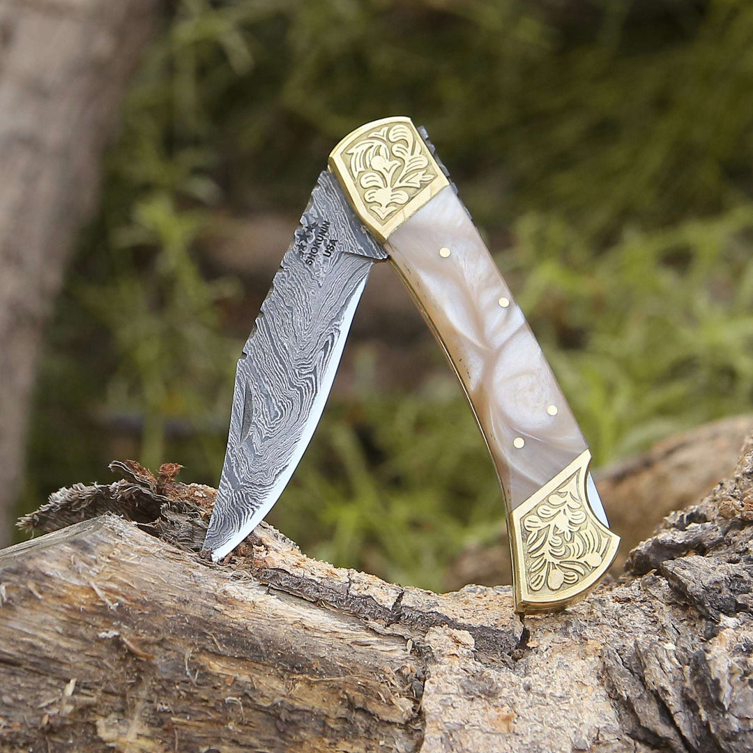 Damascus Pocket Knife - Thunderblade Handmade Damascus Pocket Knife with Leather Sheath &amp; Mother of Pearl Resin - Shokunin USA