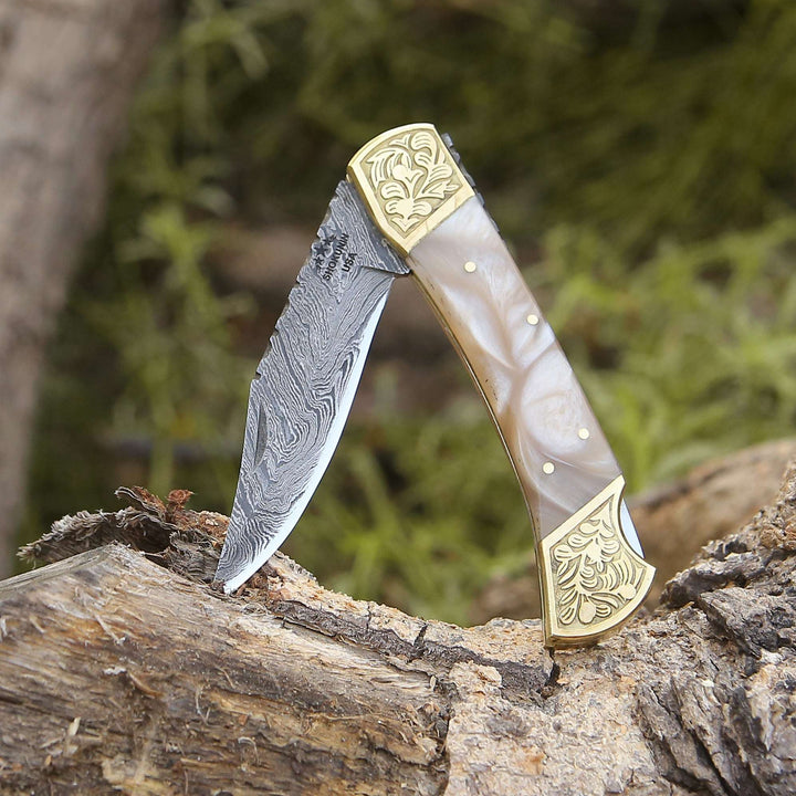 Damascus Pocket Knife - Thunderblade Handmade Damascus Pocket Knife with Leather Sheath &amp; Mother of Pearl Resin - Shokunin USA