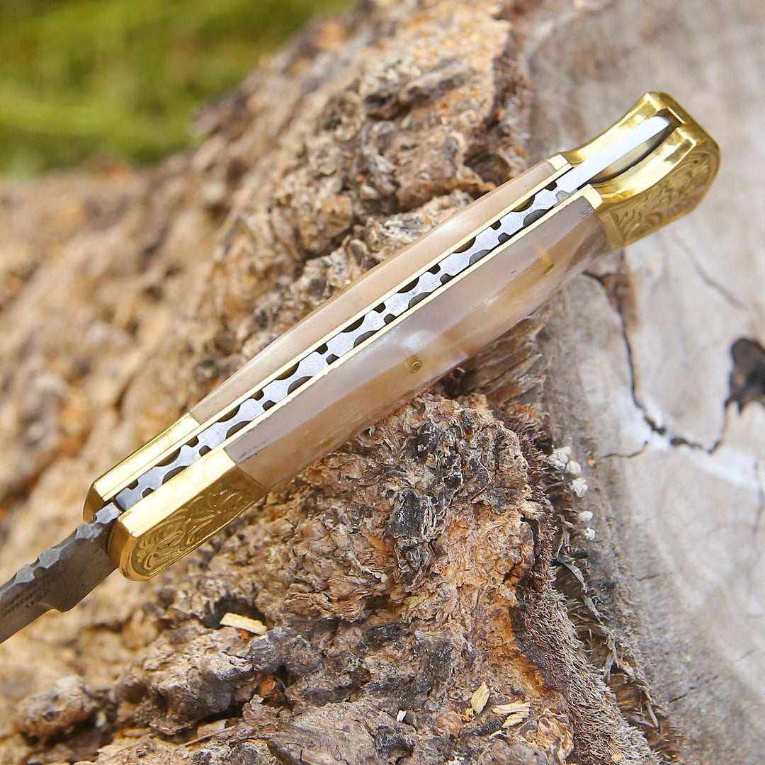Damascus Pocket Knife - Thunderblade Handmade Damascus Pocket Knife with Leather Sheath &amp; Mother of Pearl Resin - Shokunin USA