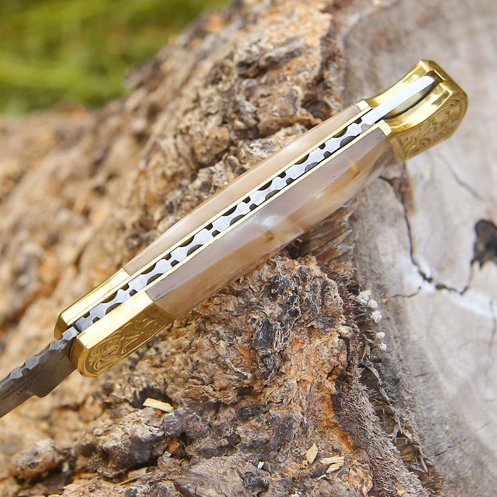 Damascus Pocket Knife - Thunderblade Handmade Damascus Pocket Knife with Leather Sheath &amp; Mother of Pearl Resin - Shokunin USA