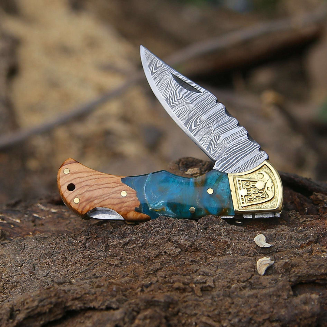 Pocket Knife - Perseus Damascus Pocket Knife with Exotic Olive Wood &amp; Resin Handle - Shokunin USA