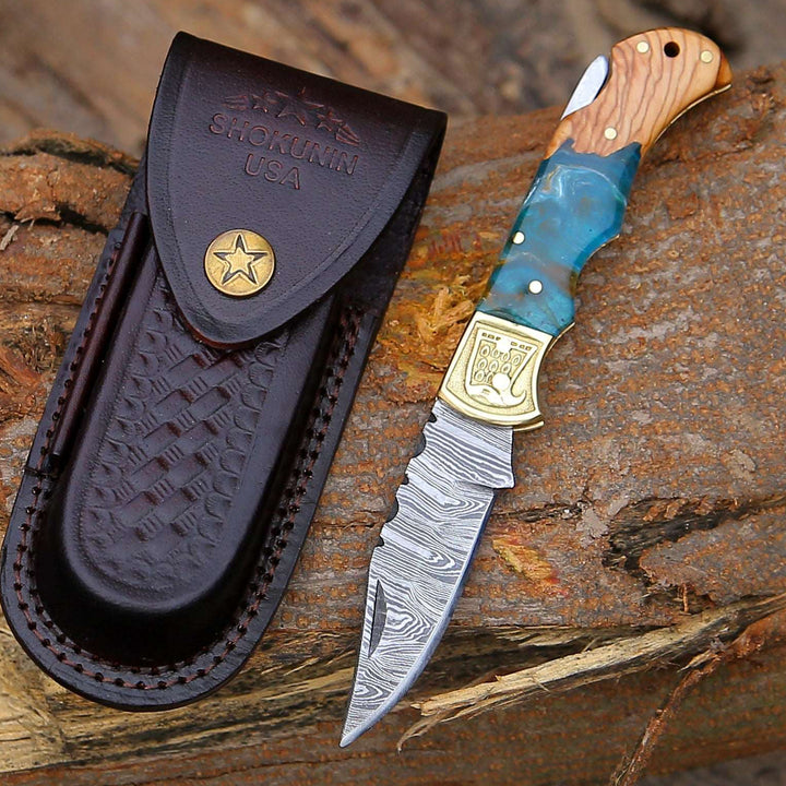 Pocket Knife - Perseus Damascus Pocket Knife with Exotic Olive Wood &amp; Resin Handle - Shokunin USA