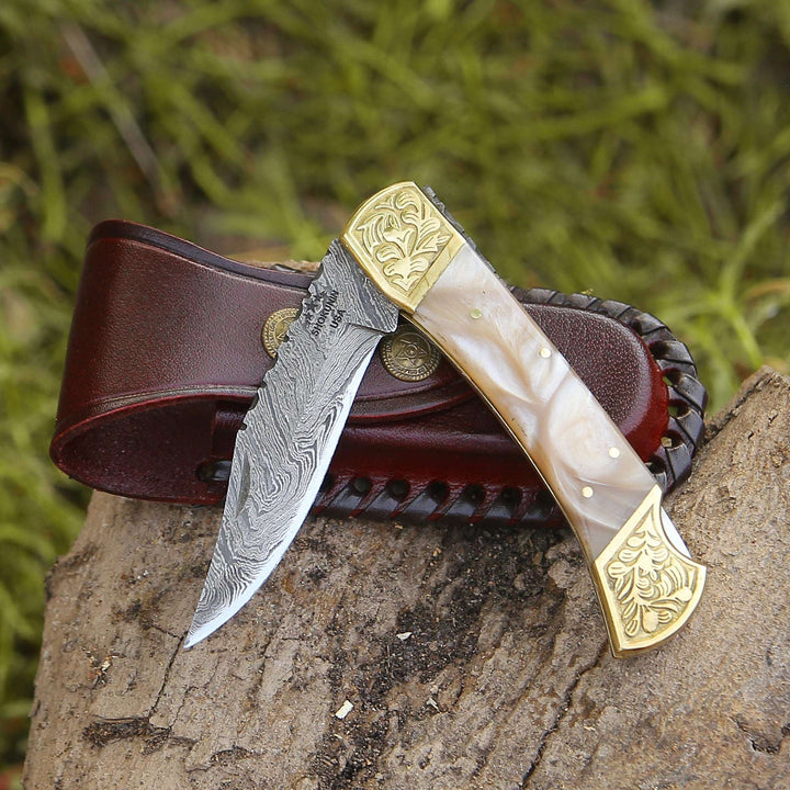 Damascus Pocket Knife - Thunderblade Handmade Damascus Pocket Knife with Leather Sheath &amp; Mother of Pearl Resin - Shokunin USA