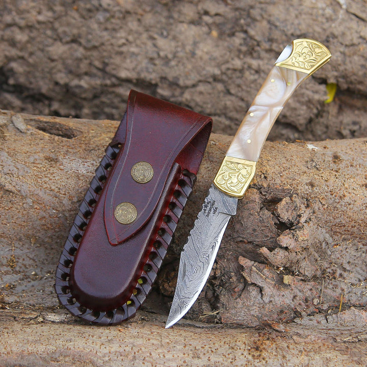 Damascus Pocket Knife - Thunderblade Handmade Damascus Pocket Knife with Leather Sheath &amp; Mother of Pearl Resin - Shokunin USA