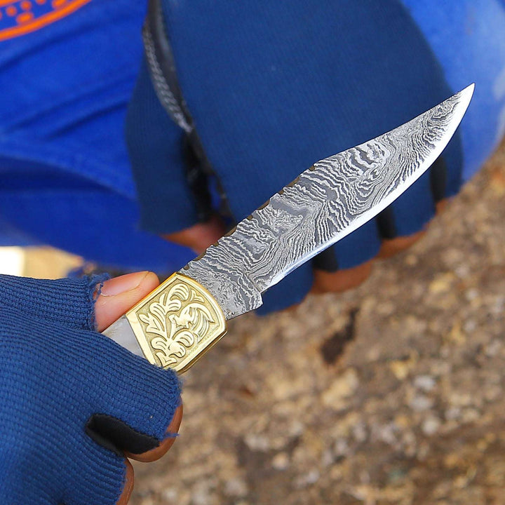 Damascus Pocket Knife - Thunderblade Handmade Damascus Pocket Knife with Leather Sheath &amp; Mother of Pearl Resin - Shokunin USA