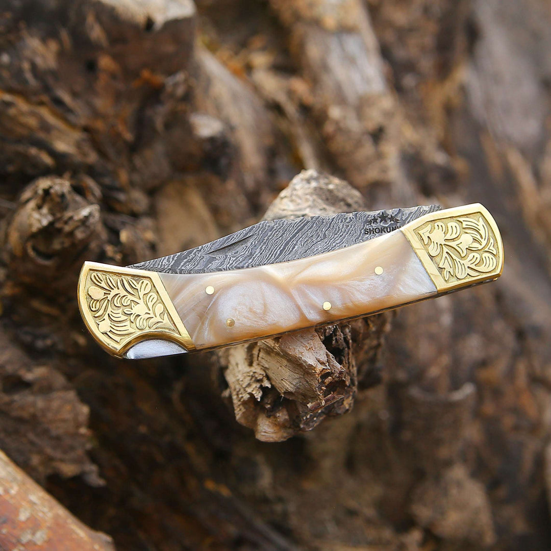 Damascus Pocket Knife - Thunderblade Handmade Damascus Pocket Knife with Leather Sheath &amp; Mother of Pearl Resin - Shokunin USA