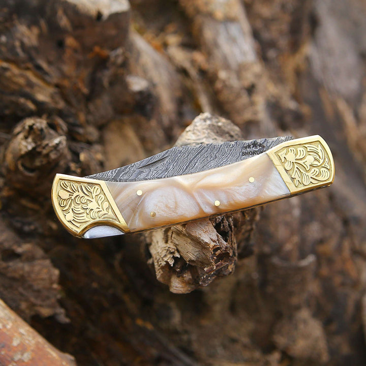 Damascus Pocket Knife - Thunderblade Handmade Damascus Pocket Knife with Leather Sheath &amp; Mother of Pearl Resin - Shokunin USA
