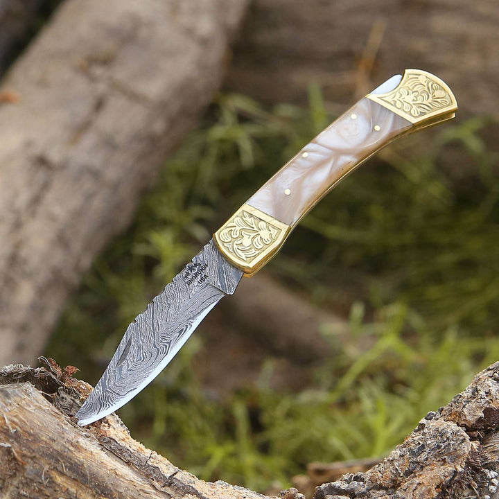 Damascus Pocket Knife - Thunderblade Handmade Damascus Pocket Knife with Leather Sheath &amp; Mother of Pearl Resin - Shokunin USA