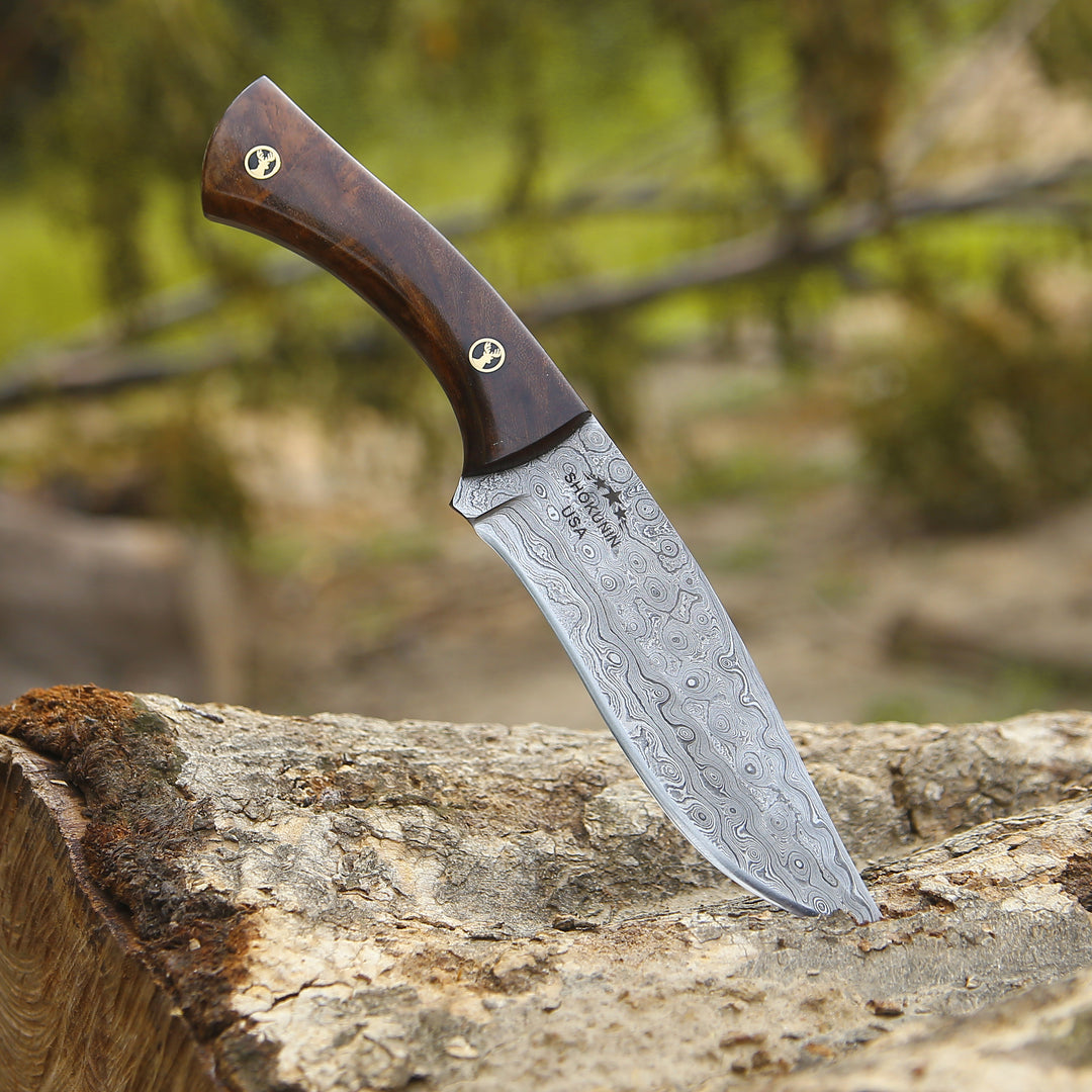 Bloodhound Handmade Damascus Steel Hunting Knife with Rosewood Handle &amp; Leather Sheath