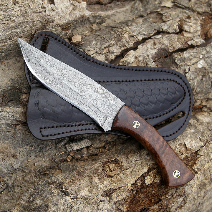 Bloodhound Handmade Damascus Steel Hunting Knife with Rosewood Handle &amp; Leather Sheath