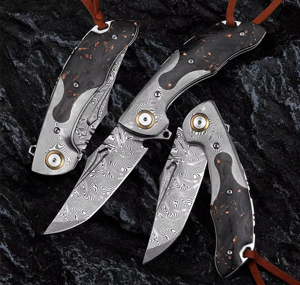 Damascus Knife - Kronos Gentleman's Damascus Pocket Knife with Damascus & Carbon Fiber Handle - Shokunin USA