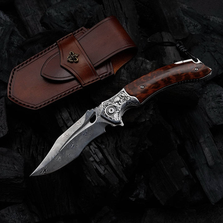 Damascus Knife - Heracles Japanese Damascus Folding Knife with Exotic Snake Wood Handle - Shokunin USA