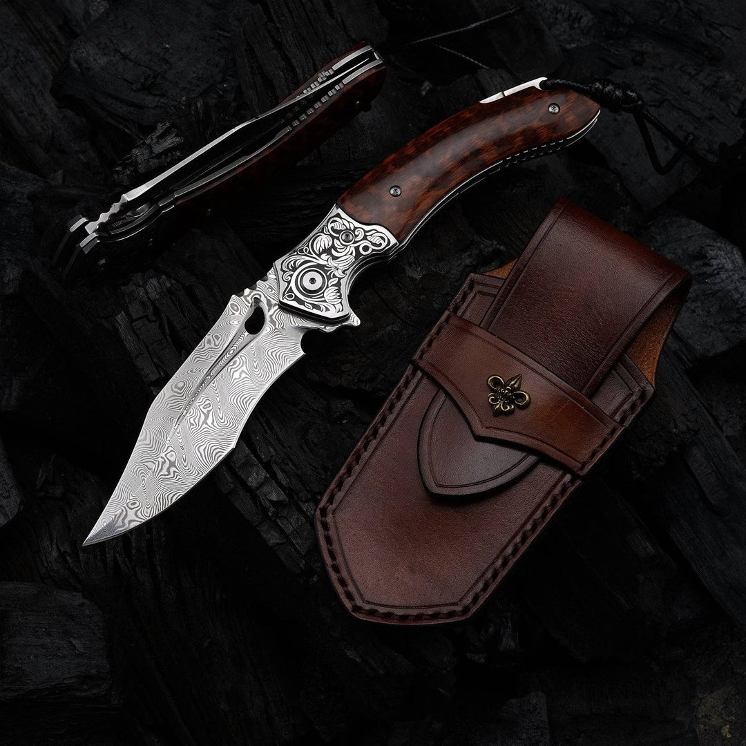 Damascus Knife - Heracles Japanese Damascus Folding Knife with Exotic Snake Wood Handle - Shokunin USA