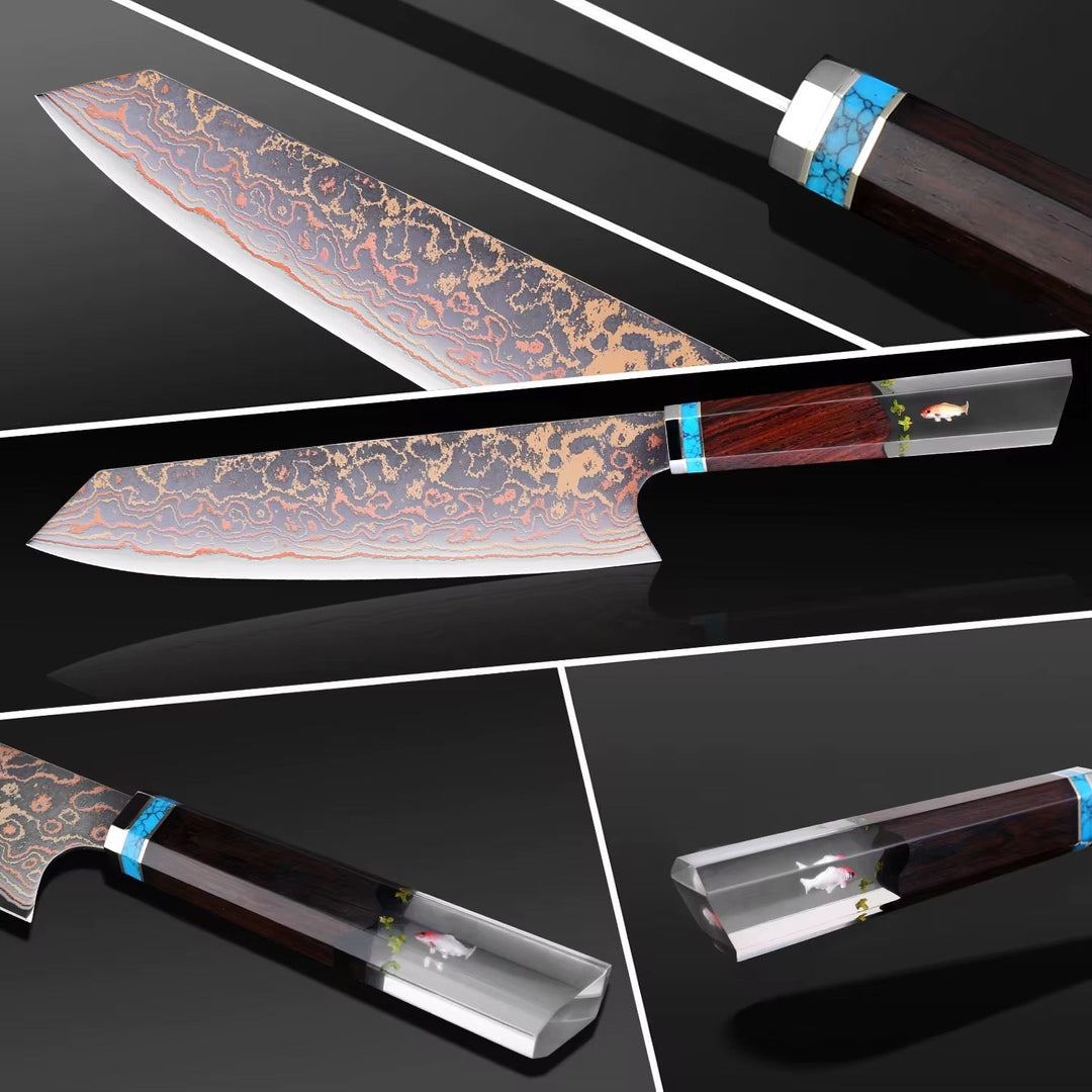 Chef knife - Noble Copper &amp; Cobalt Alloy Damascus Chef Knife with Exotic Bloodwood &amp; Resin Handle - Shokunin USA