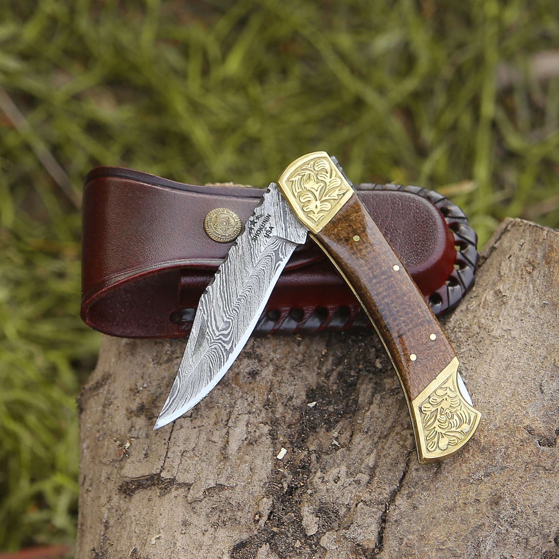 Damascus Knife - Goldshadow Handmade Damascus EDC Folding Pocket Knife with Leather Sheath & Micarta Handle - Shokunin USA