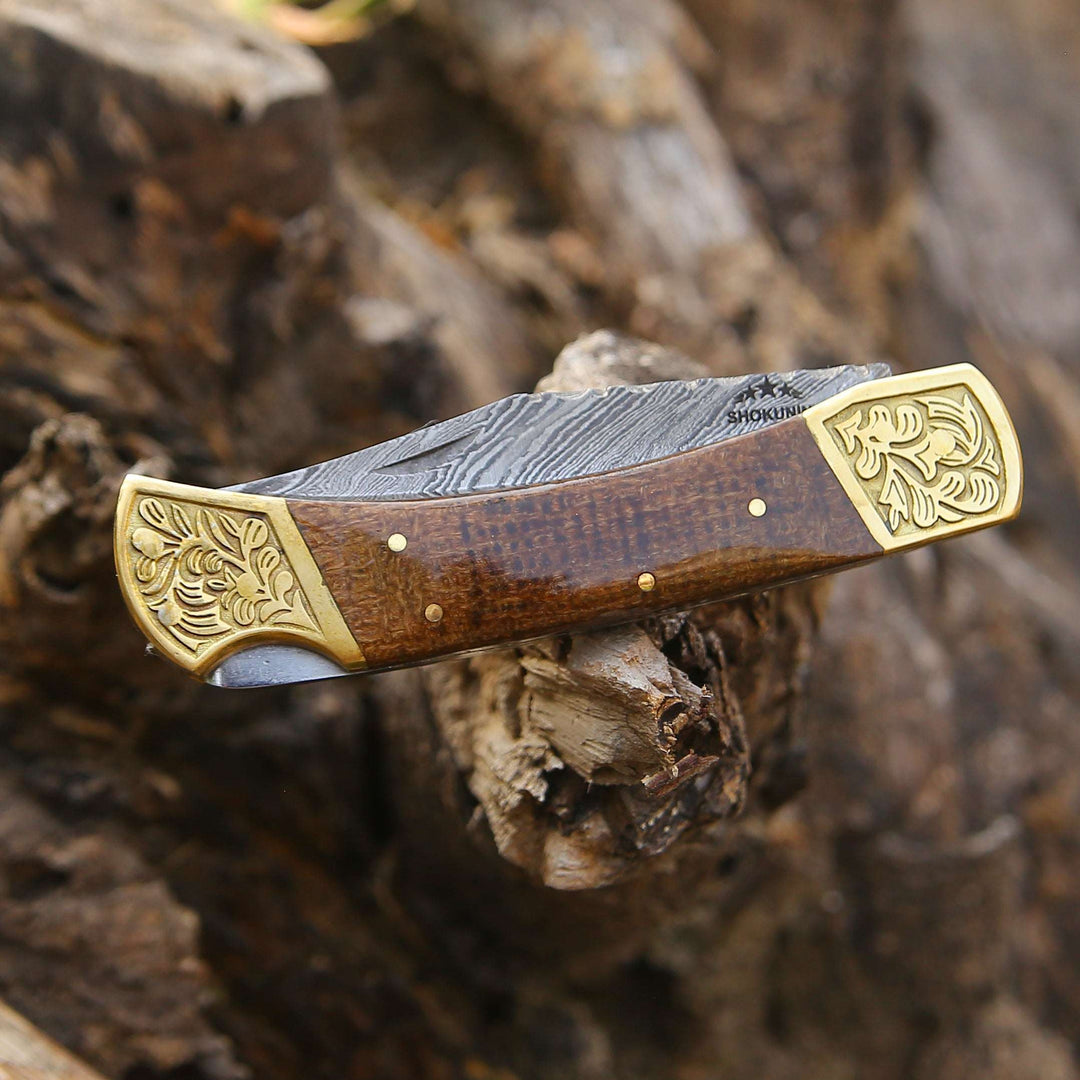 Damascus Knife - Goldshadow Handmade Damascus EDC Folding Pocket Knife with Leather Sheath &amp; Micarta Handle - Shokunin USA