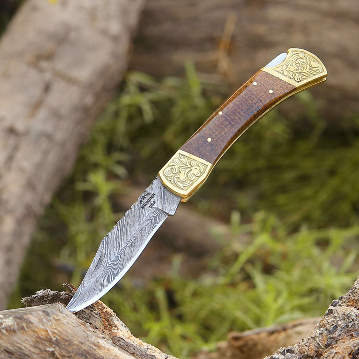 Damascus Knife - Goldshadow Handmade Damascus EDC Folding Pocket Knife with Leather Sheath &amp; Micarta Handle - Shokunin USA