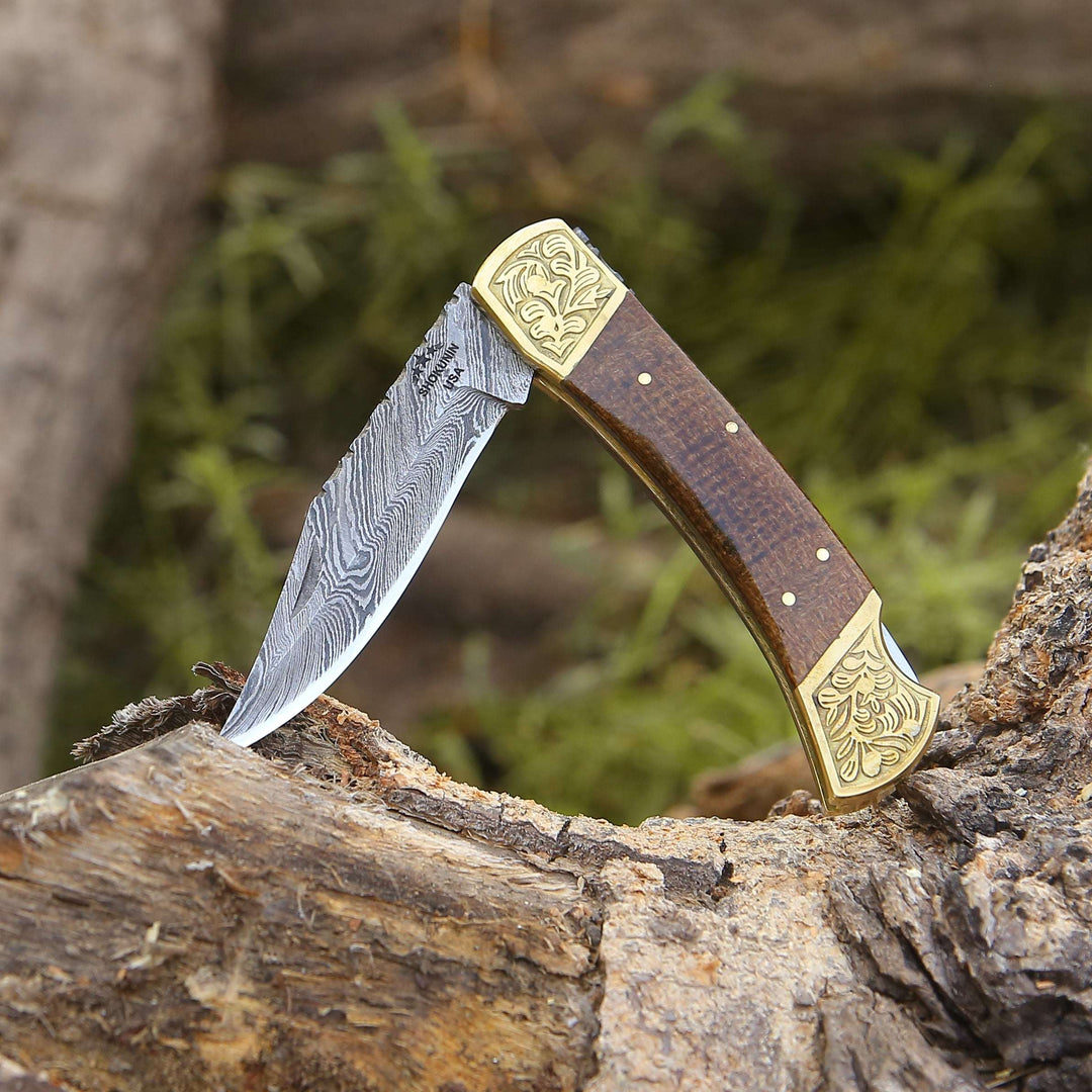 Damascus Knife - Goldshadow Handmade Damascus EDC Folding Pocket Knife with Leather Sheath &amp; Micarta Handle - Shokunin USA