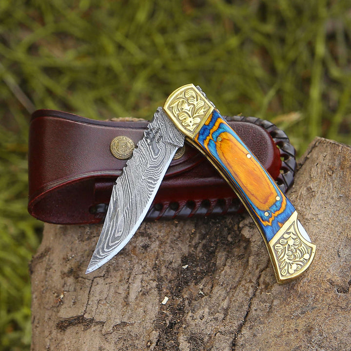Damascus knife - Thundersteel Handmade Damascus EDC Folding Knife with Leather Sheath &amp; Pakkawood Handle - Shokunin USA