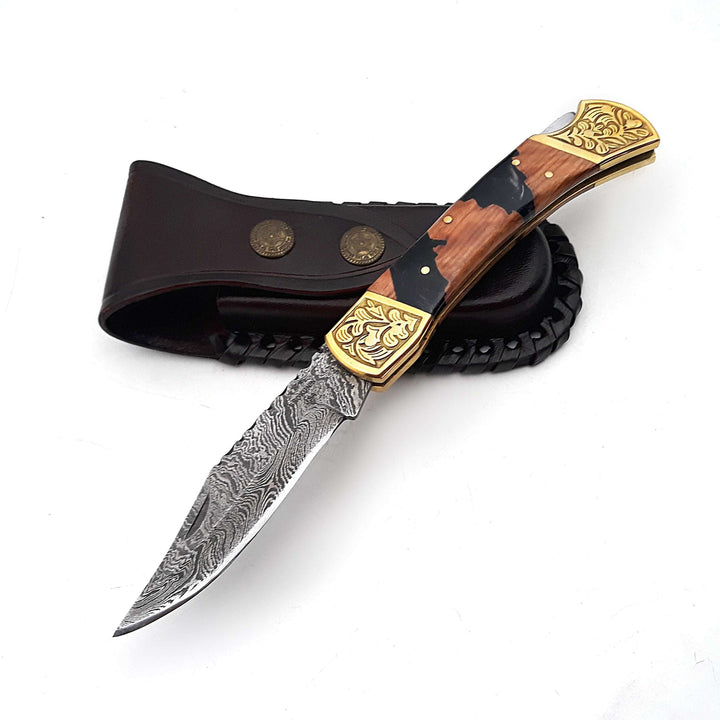 EDC Knife - Goldenbolt Handmade Damascus EDC Knife with Leather Sheath &amp; Olive Wood Handle - Shokunin USA