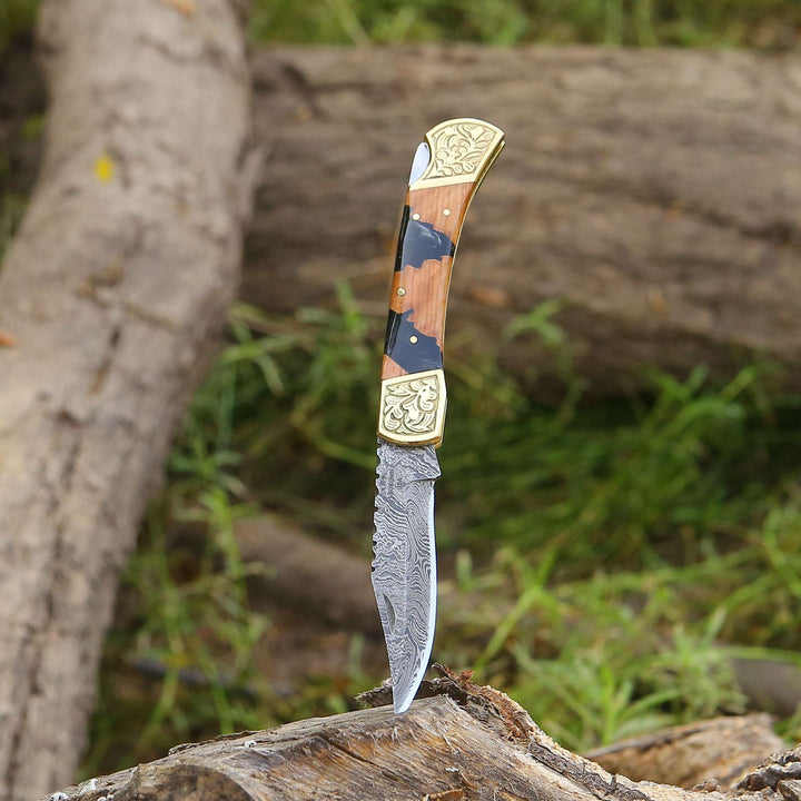 EDC Knife - Goldenbolt Handmade Damascus EDC Knife with Leather Sheath &amp; Olive Wood Handle - Shokunin USA