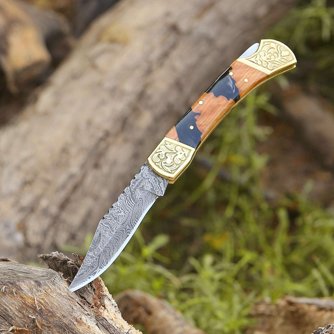 EDC Knife - Goldenbolt Handmade Damascus EDC Knife with Leather Sheath &amp; Olive Wood Handle - Shokunin USA