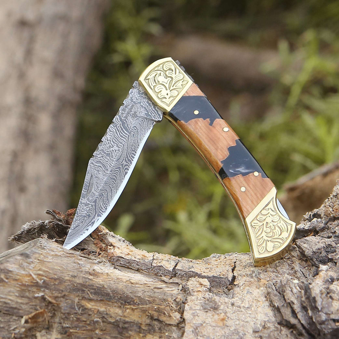 EDC Knife - Goldenbolt Handmade Damascus EDC Knife with Leather Sheath &amp; Olive Wood Handle - Shokunin USA