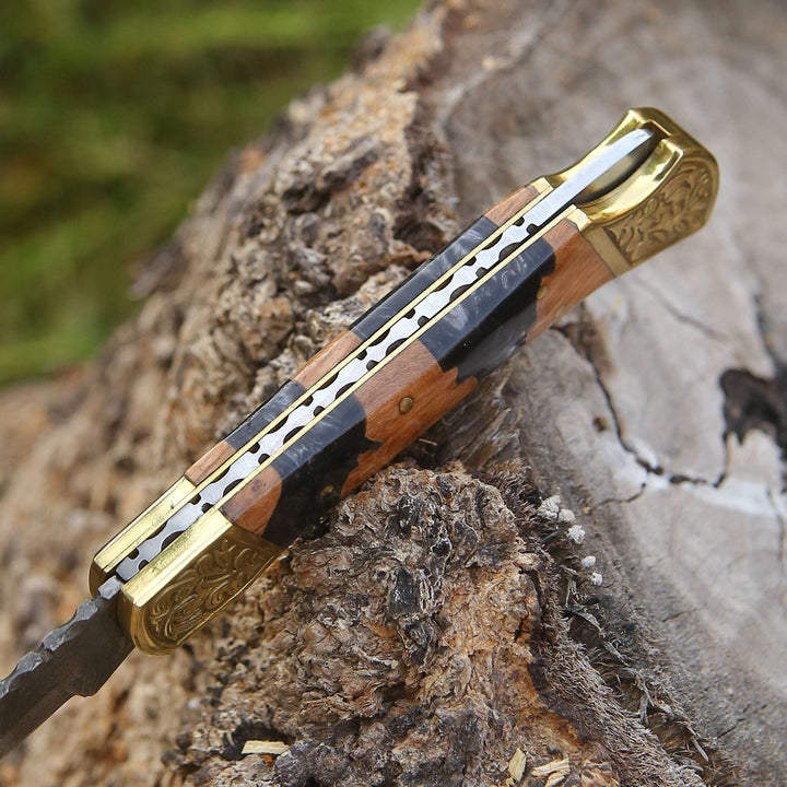 EDC Knife - Goldenbolt Handmade Damascus EDC Knife with Leather Sheath &amp; Olive Wood Handle - Shokunin USA