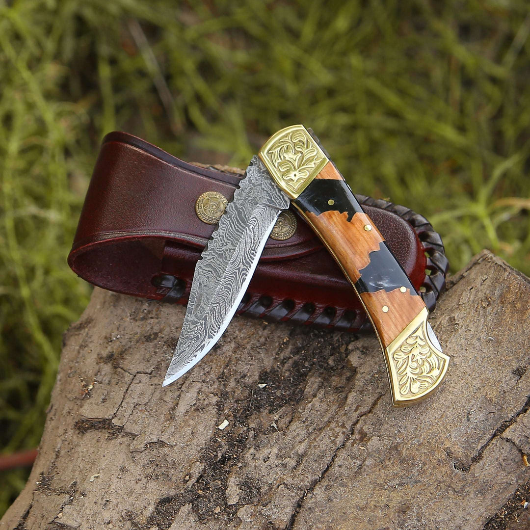 EDC Knife - Goldenbolt Handmade Damascus EDC Knife with Leather Sheath &amp; Olive Wood Handle - Shokunin USA