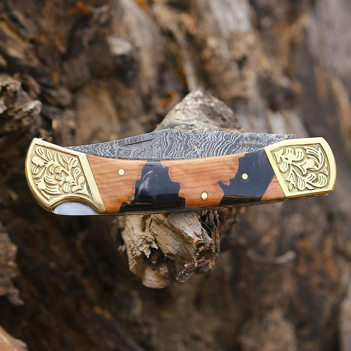 EDC Knife - Goldenbolt Handmade Damascus EDC Knife with Leather Sheath &amp; Olive Wood Handle - Shokunin USA