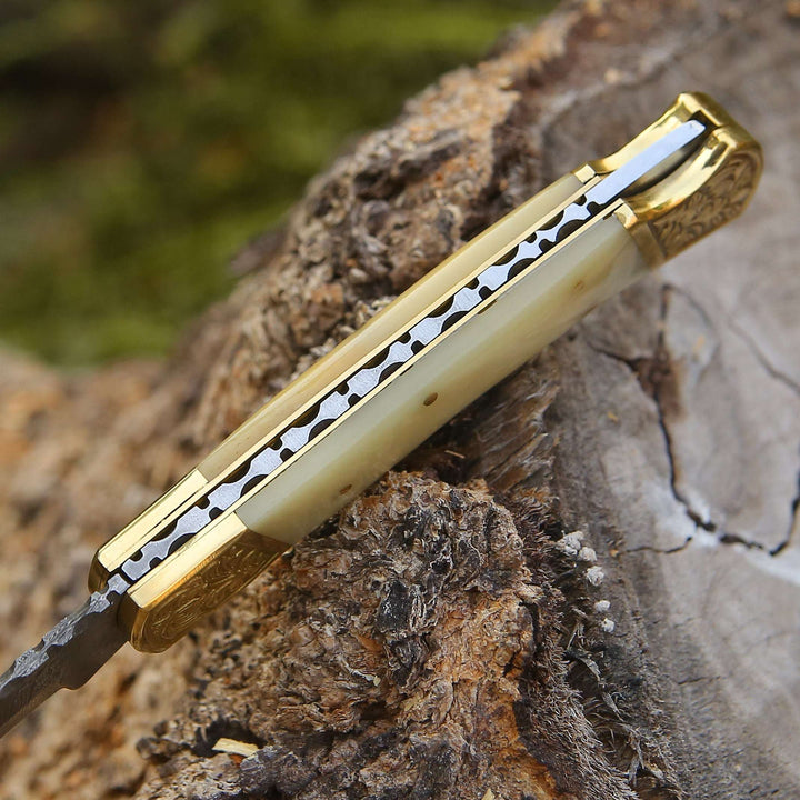 EDC Knife - Stormedge Handmade Damascus EDC Pocket Knife with Leather Sheath &amp; Bone Handle - Shokunin USA