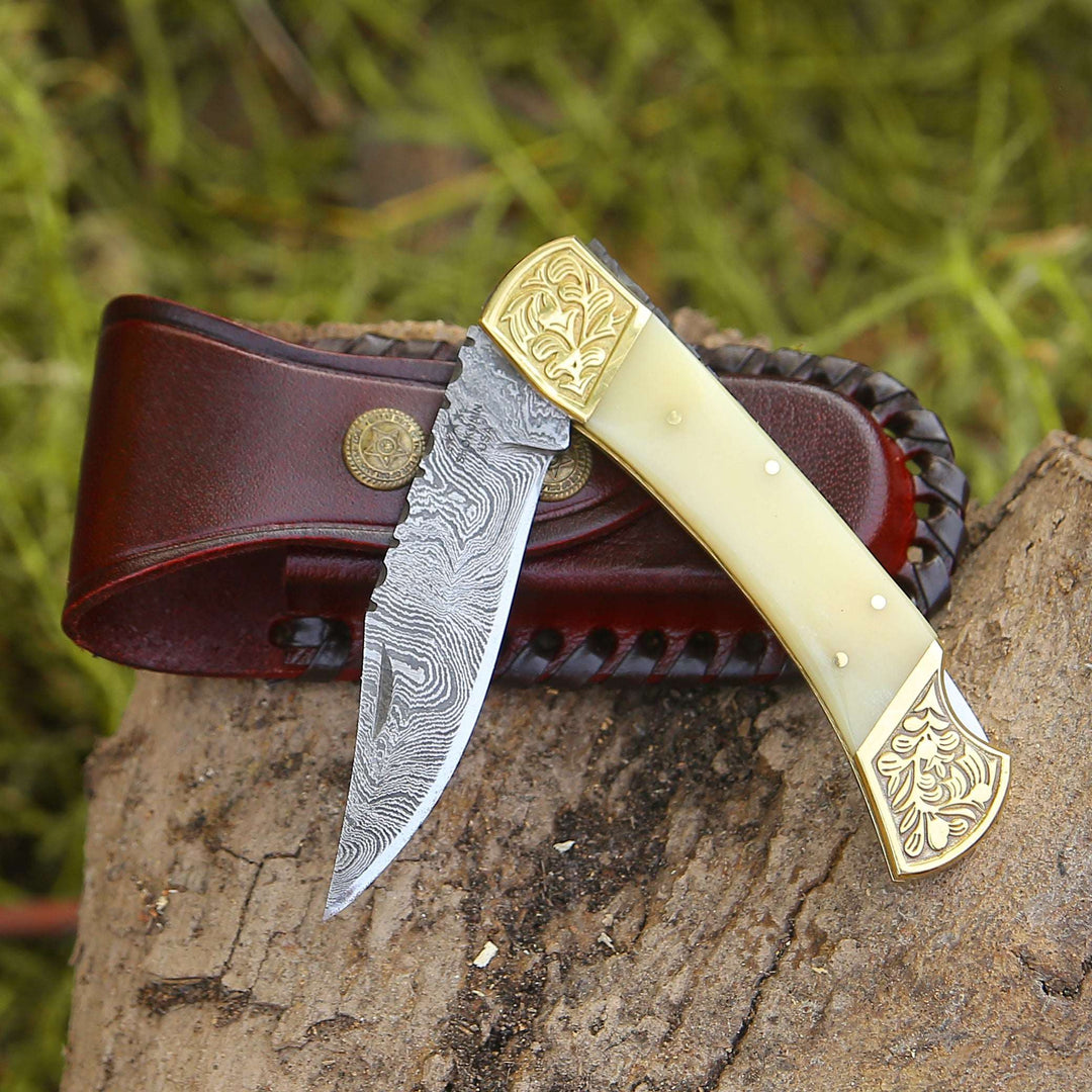 EDC Knife - Stormedge Handmade Damascus EDC Pocket Knife with Leather Sheath &amp; Bone Handle - Shokunin USA
