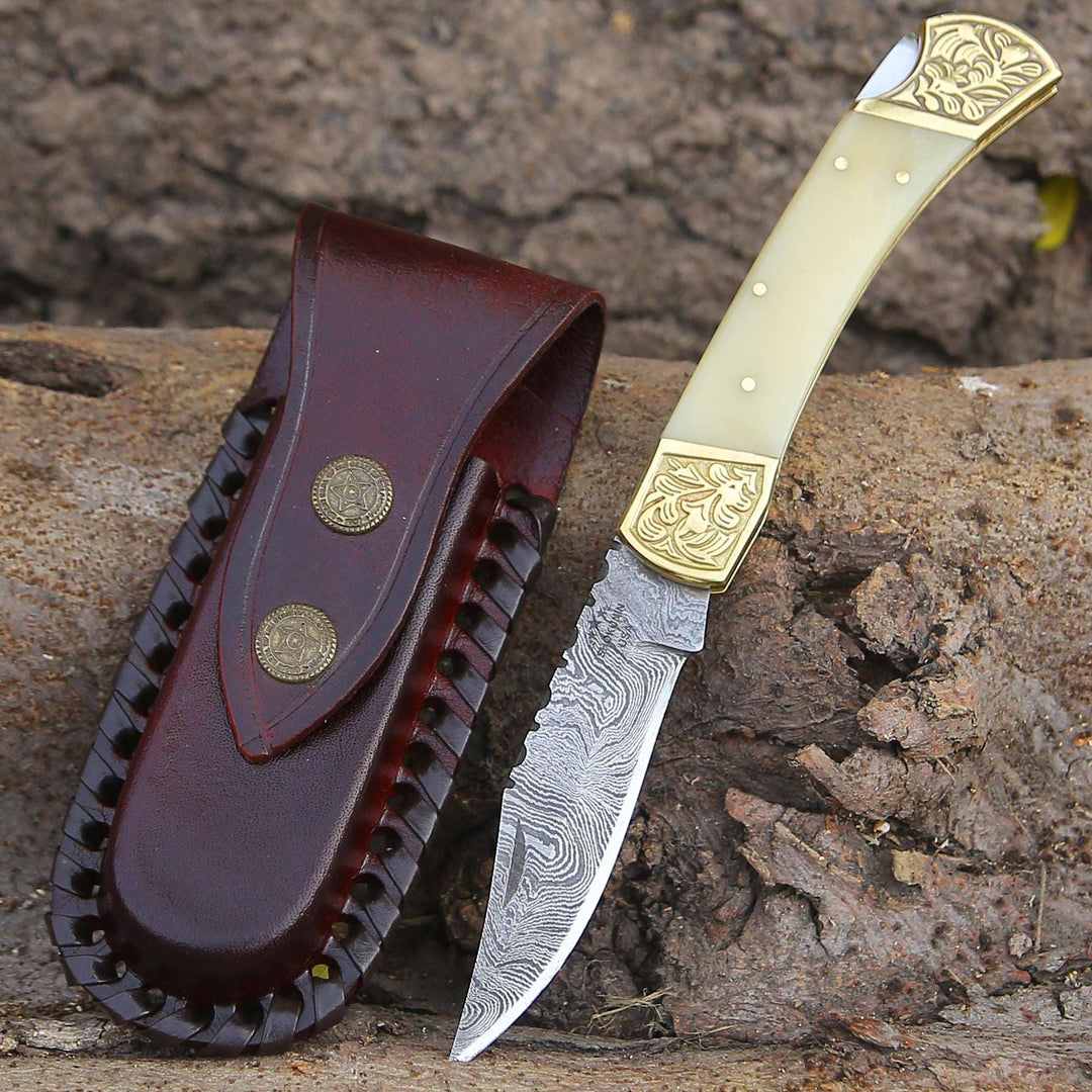 EDC Knife - Stormedge Handmade Damascus EDC Pocket Knife with Leather Sheath & Bone Handle - Shokunin USA