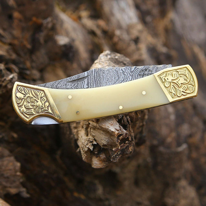 EDC Knife - Stormedge Handmade Damascus EDC Pocket Knife with Leather Sheath &amp; Bone Handle - Shokunin USA