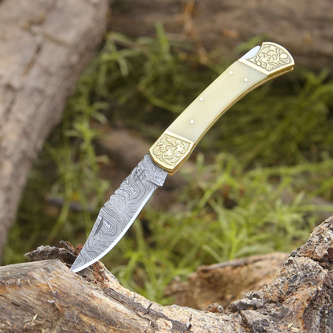 EDC Knife - Stormedge Handmade Damascus EDC Pocket Knife with Leather Sheath &amp; Bone Handle - Shokunin USA