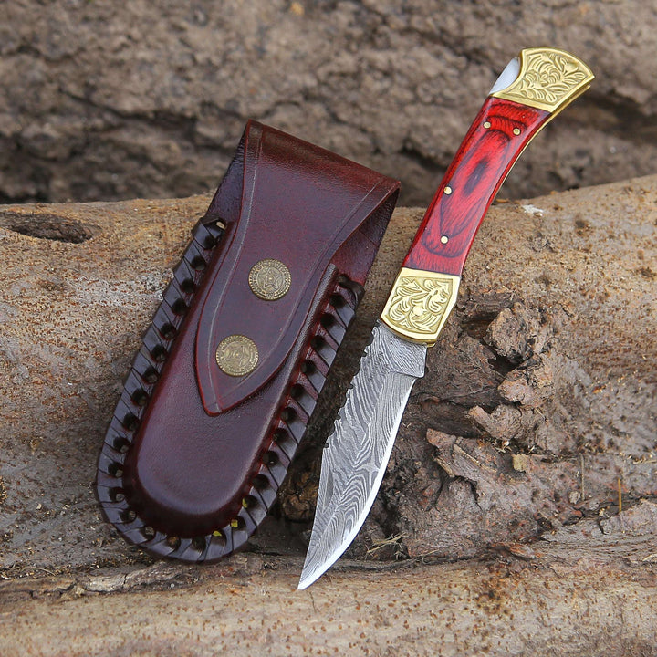 EDC Utility Knife - Edgefire Handmade Damascus EDC Utility Folding Knife with Leather Sheath &amp; Pakka wood - Shokunin USA