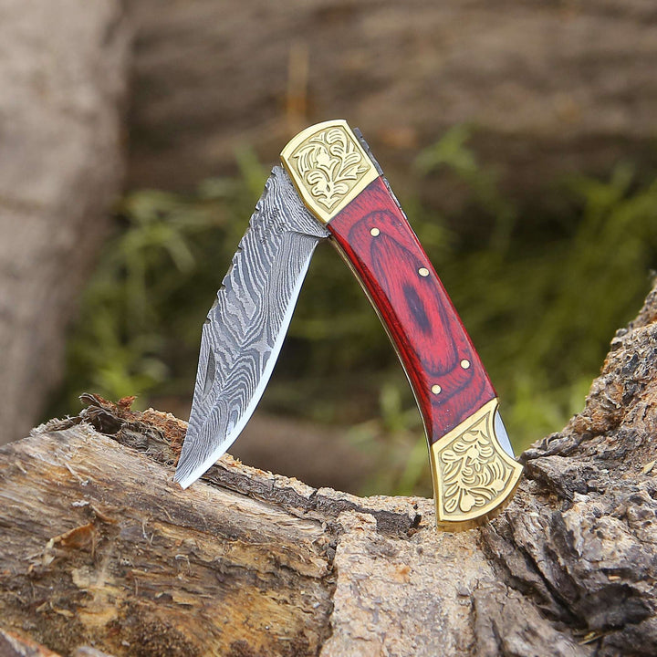 EDC Utility Knife - Edgefire Handmade Damascus EDC Utility Folding Knife with Leather Sheath &amp; Pakka wood - Shokunin USA