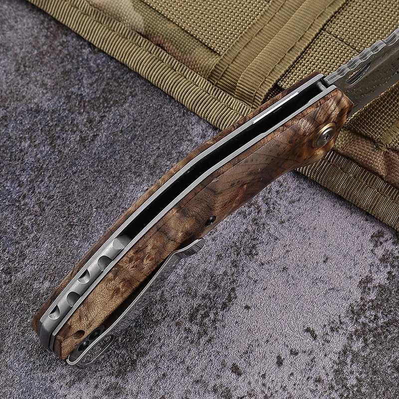 Damascus Knife - Tomahawk Damascus Pocket Knife with Clip and Exotic Olive Wood Handle - Shokunin USA