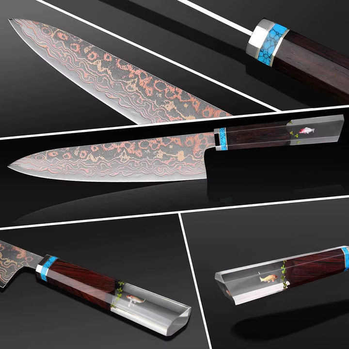 Chef knife - Noble Copper &amp; Cobalt Alloy Damascus Chef Knife with Exotic Bloodwood &amp; Resin Handle - Shokunin USA