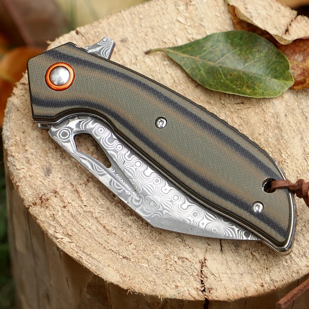 Damascus Knife - Scorpion Japanese Folding Pocket Knife with VG-10 Damascus Steel &amp; G10 Handle - Shokunin USA