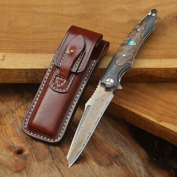 Damascus Pocket Knife - Ironhide Damascus Pocket Knife with stained maple burl handle - Shokunin USA