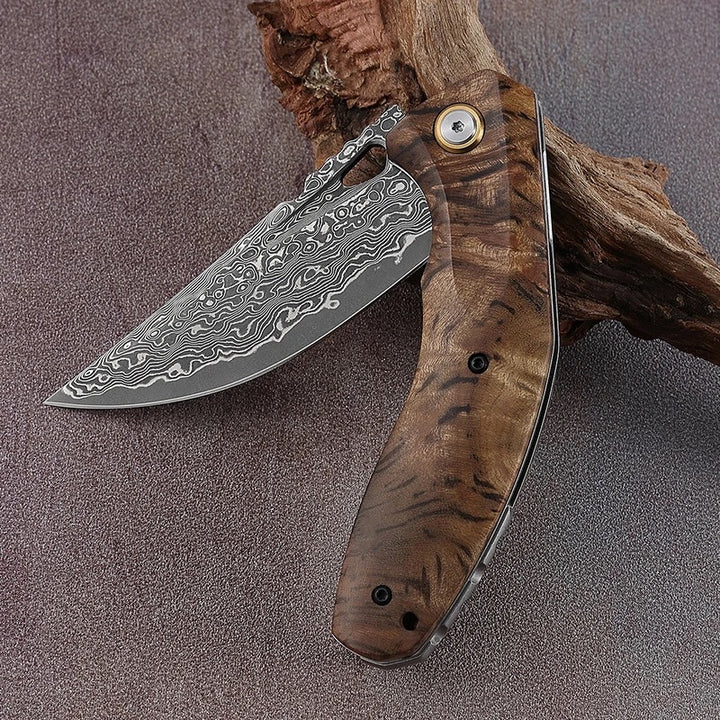 Damascus Knife - Tomahawk Damascus Pocket Knife with Clip and Exotic Olive Wood Handle - Shokunin USA