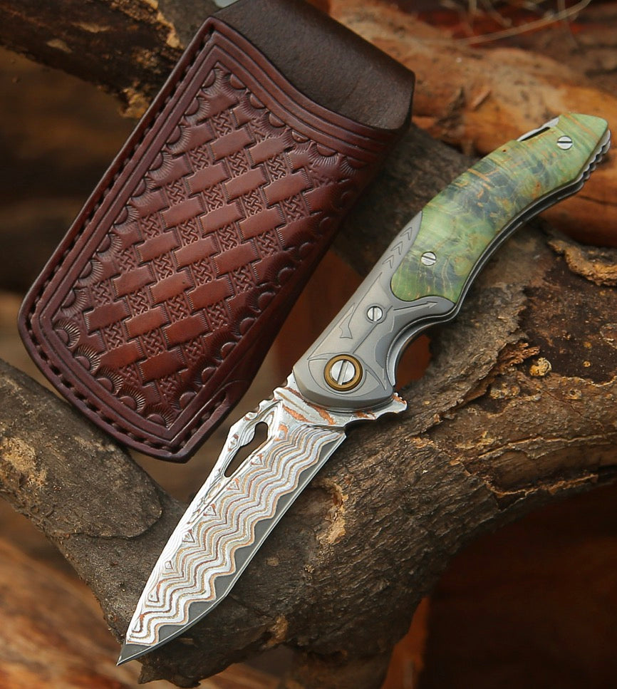 Pocket Knives - Atlas Gentleman's Copper Damascus Pocket Knife with Maple Burl Wood Handle and Sheath - Shokunin USA